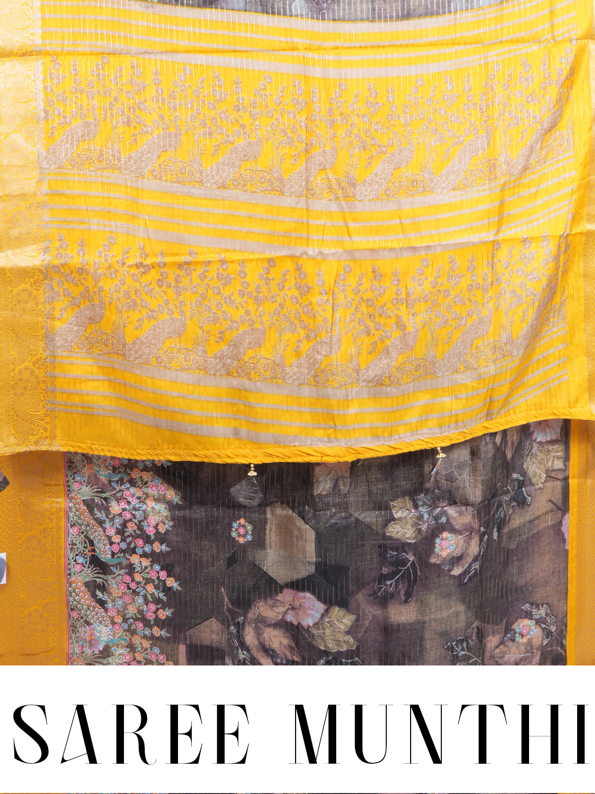 Charcoal Grey with Golden Yellow - Semi Raw Silk Saree