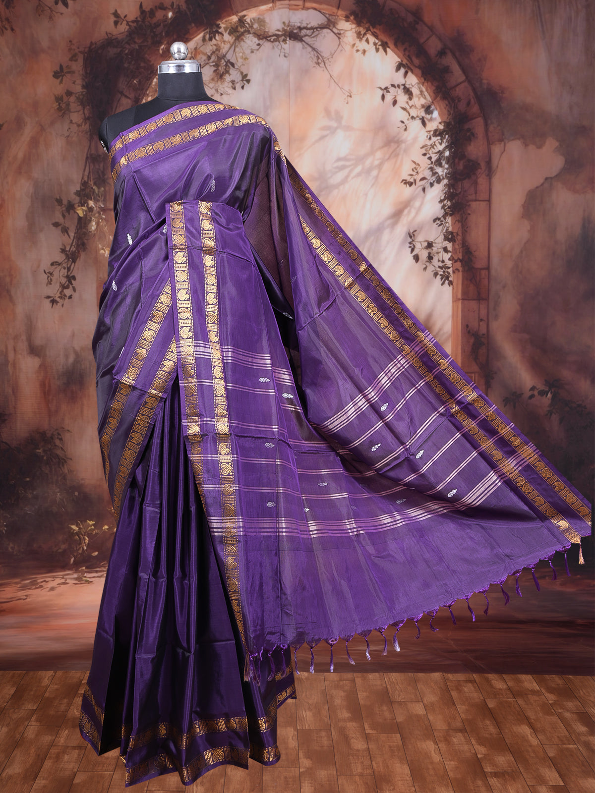 Dark Voilet With Golden Yellow Semi Silk Saree