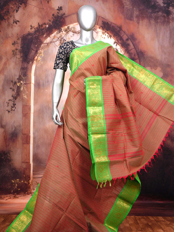 Sandalwood Brown and Parrot Green Chettinad Cotton Saree