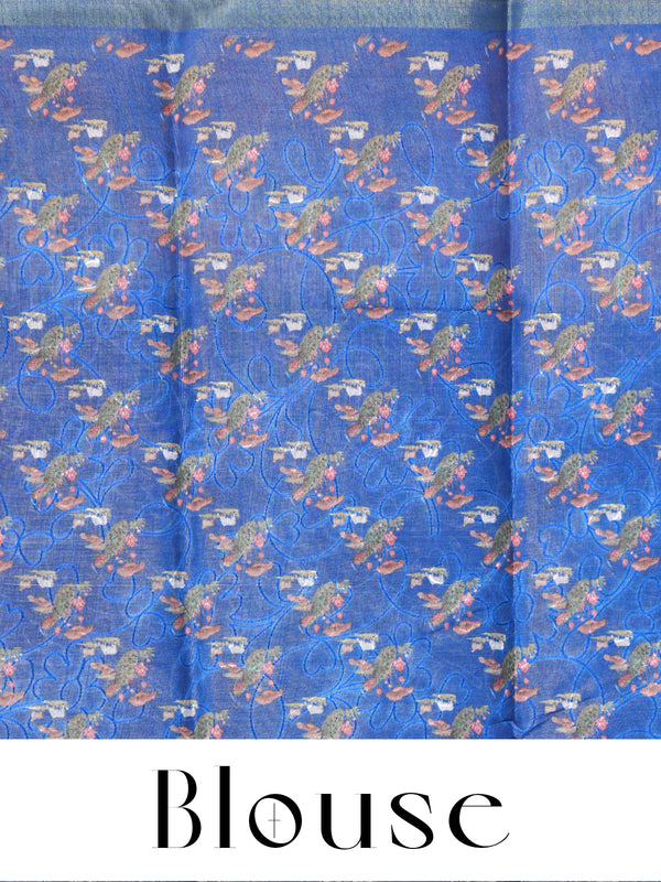 Royal Blue with Off-White Floral - Linen Cotton Saree