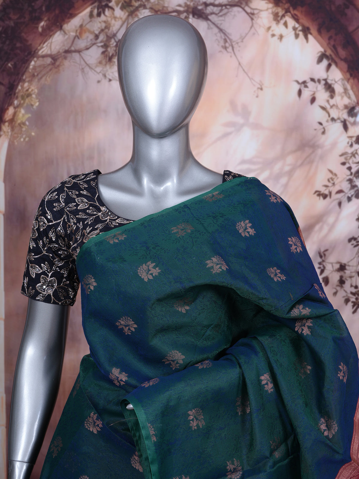 Peacock Blue and Copper Rose Silk Cotton Saree