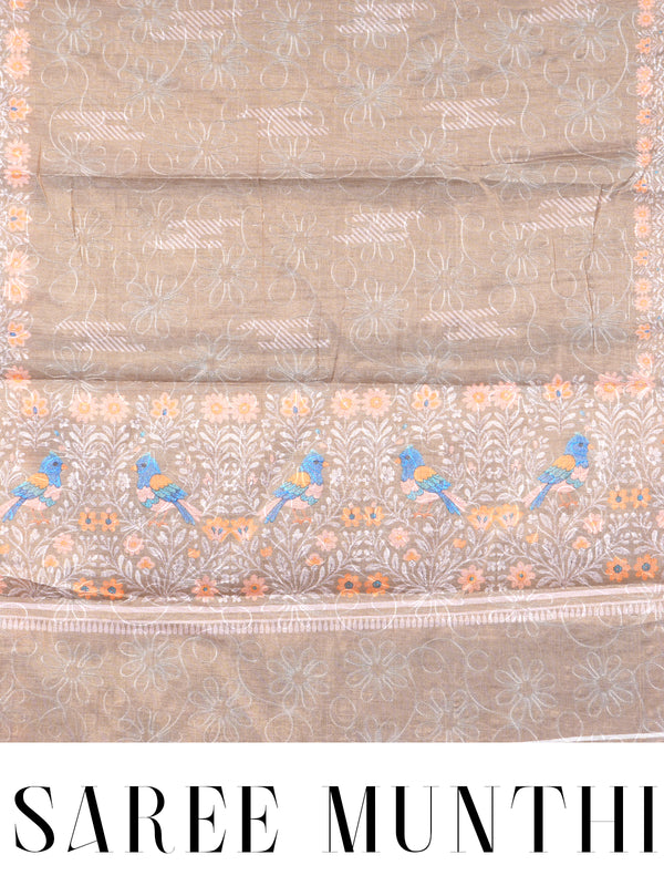 Beige with Multicolored Accents - Linen Cotton Saree