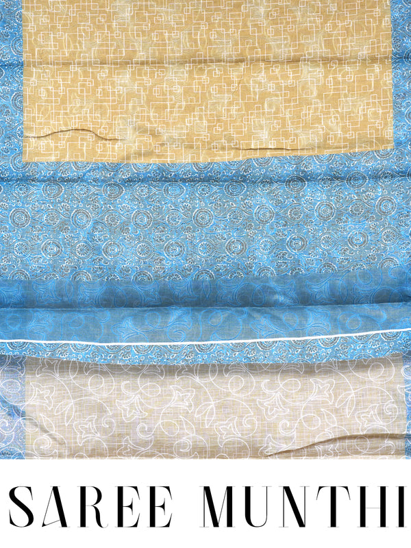 Mustard Yellow with Cerulean Blue - Linen Cotton Saree