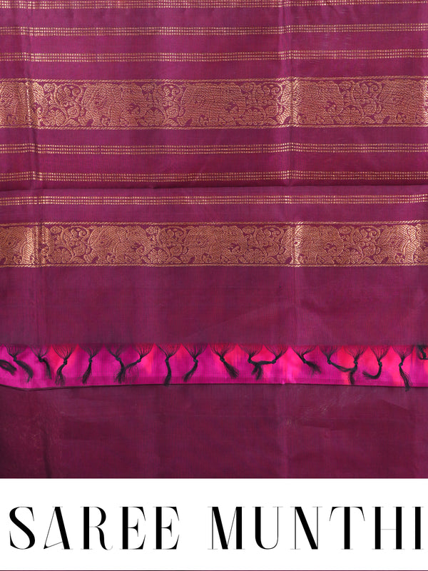 Exquisite Rani Pink and Deep Wine Handloom pure Silk cotton Saree