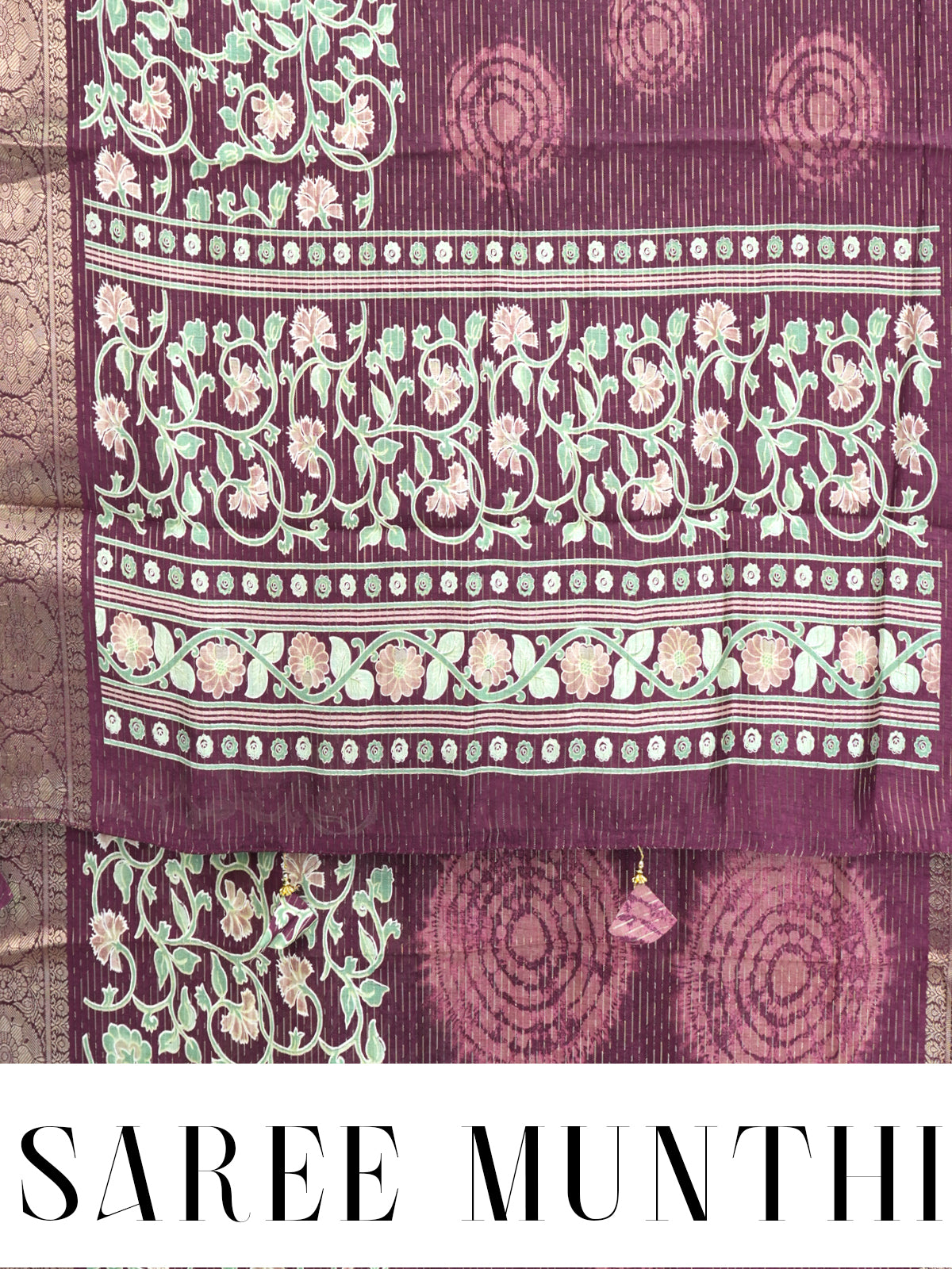 Elegant Deep Purple with Floral Pastel Munthi - Semi Raw Silk Saree