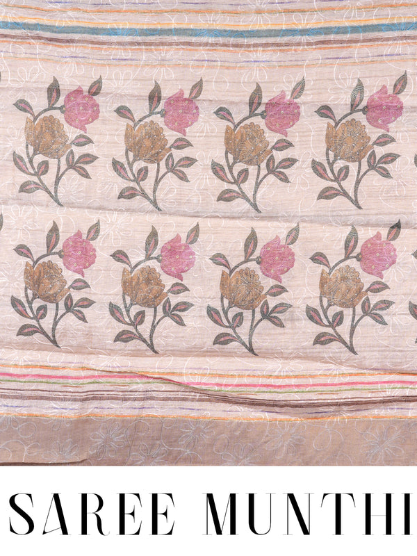 Beige and Multicolor Stripes with Floral Pallu - Linen Cotton Saree