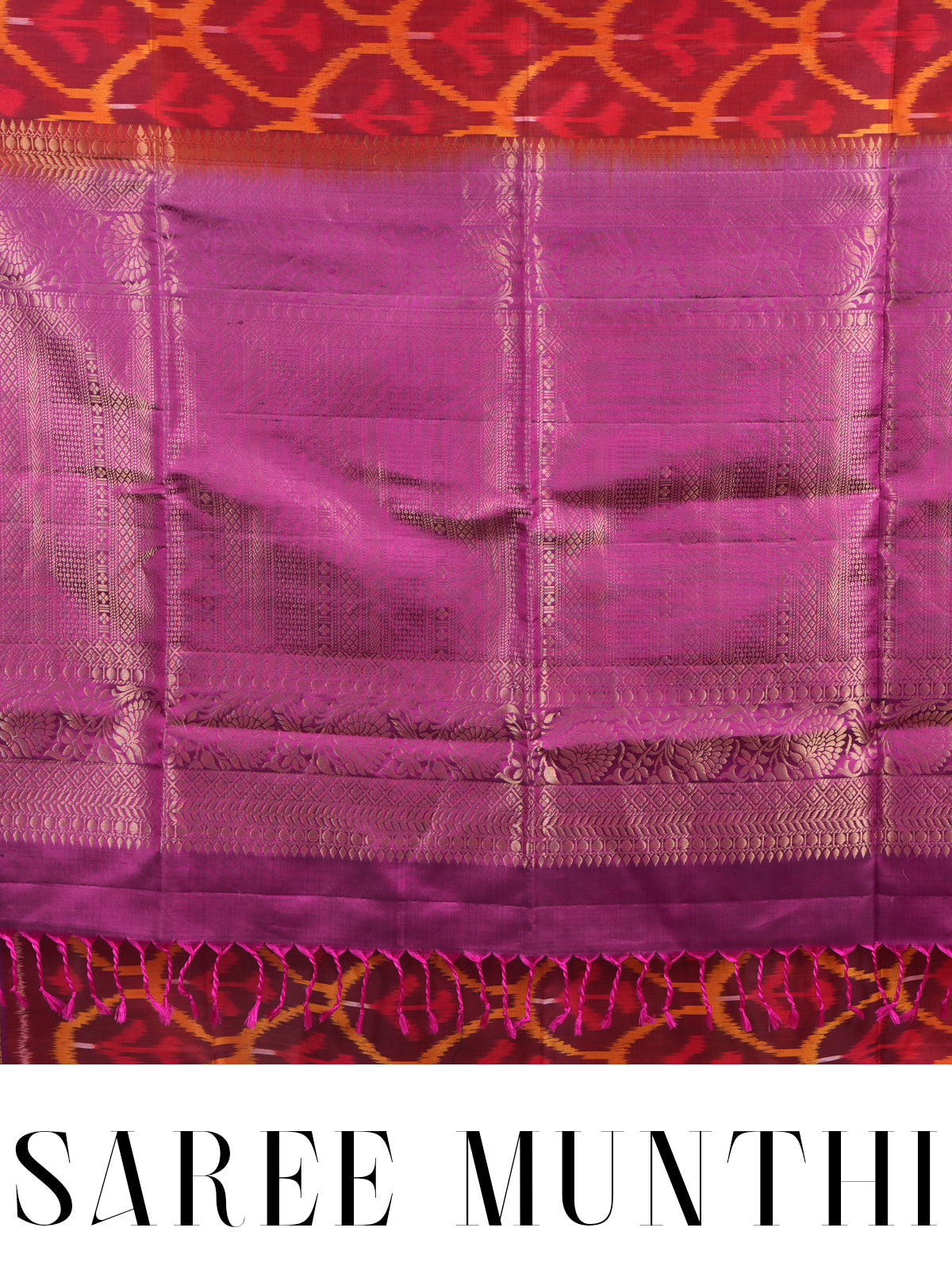 Red and Yellow Ikat with Magenta - Pure Kanchipuram Silk Saree
