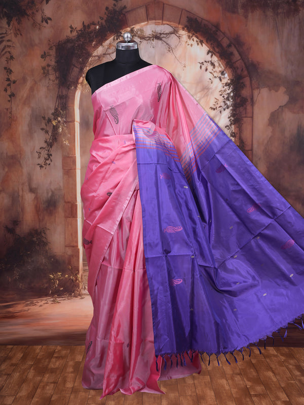 Baby Pink With Purple Semi Silk Saree