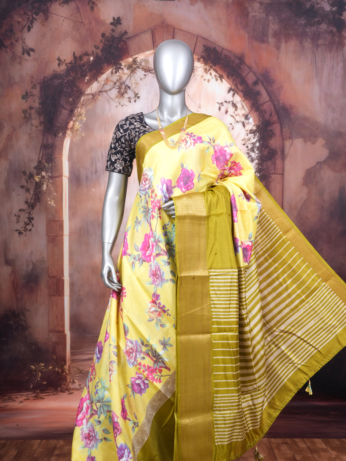 Lemon Yellow with Olive Green - Semi Raw Silk Saree