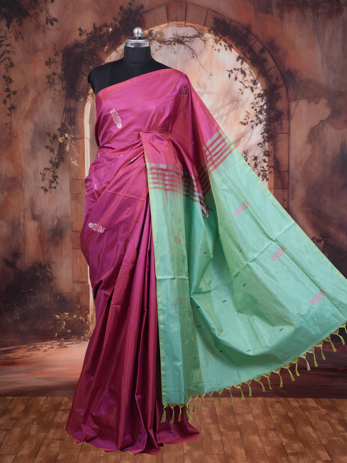 Onion Pink With Green Semi Silk Saree
