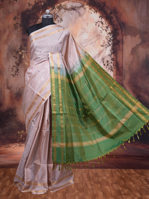 Beige With Green Semi Silk Saree