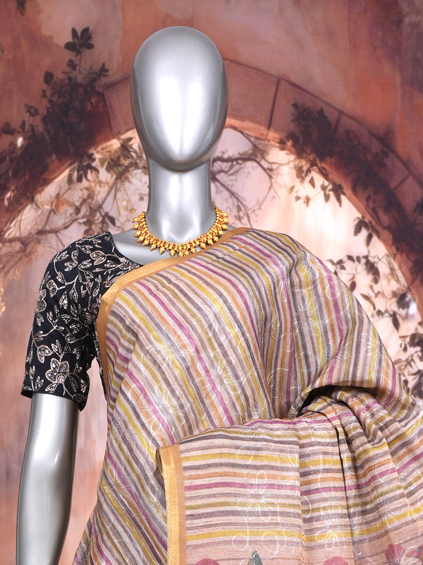 Beige and Multicolor Stripes with Peach Floral Pallu - Linen Cotton Saree