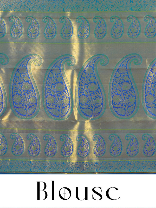 Peacock Blue and Teal Pure Kanchipuram Silk Saree
