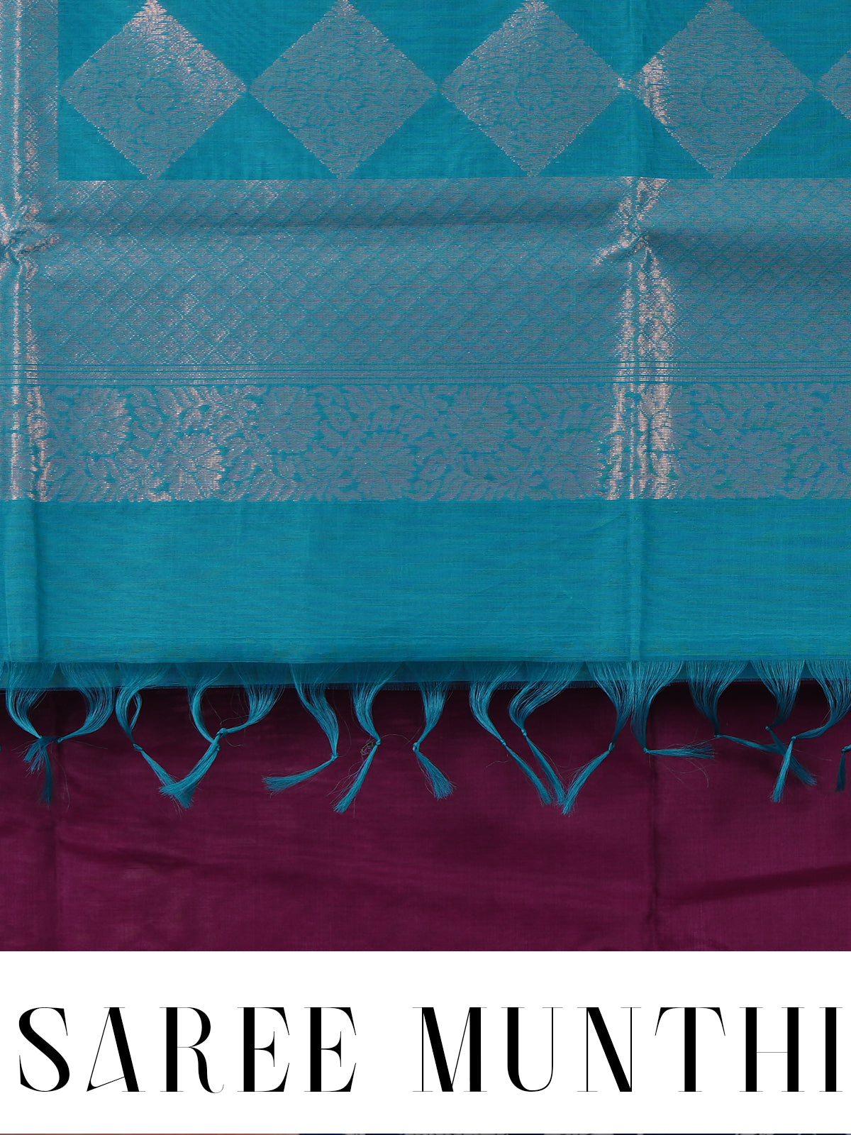 Pure Silk Cotton Saree in Deep Wine and Cyan Blue Zari Weave