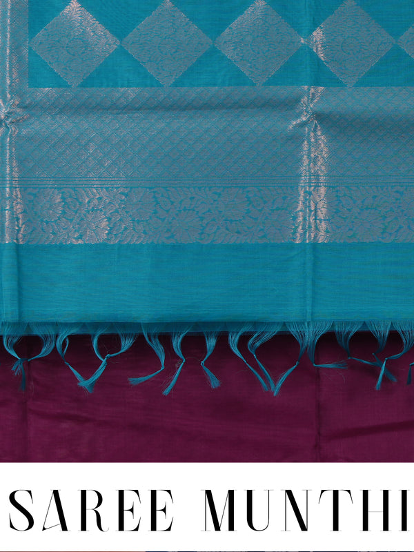 Pure Silk Cotton Saree in Deep Wine and Cyan Blue Zari Weave