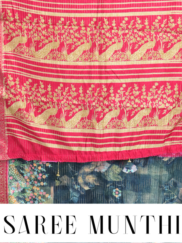 Greyish Blue with Rani Pink - Semi Raw Silk Saree