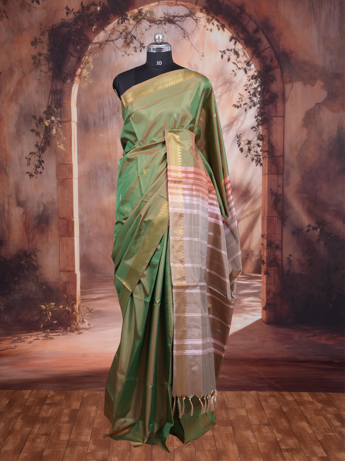Olive Green With Orange Semi Silk Saree
