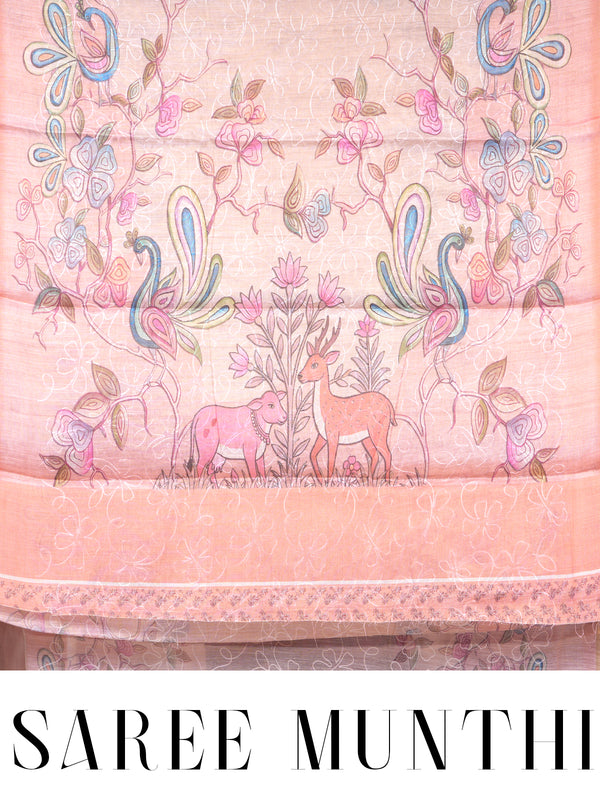 Light Beige with Peach Pallu - Linen Cotton Saree