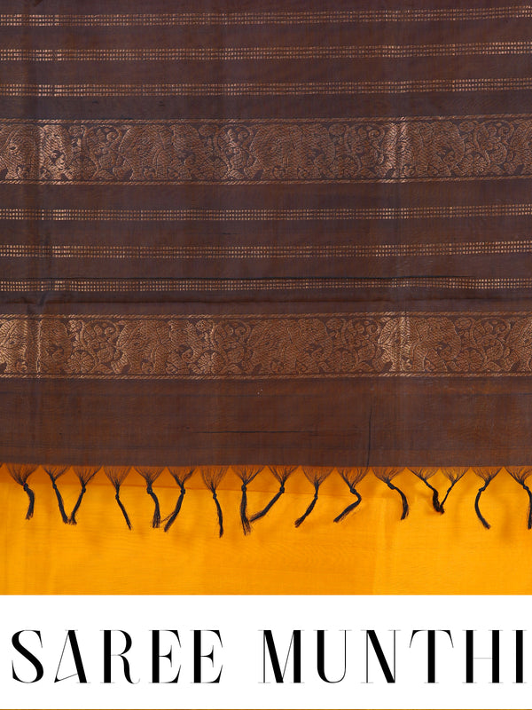 Vibrant Mustard Yellow and Black Pure Silk Cotton Handloom Saree