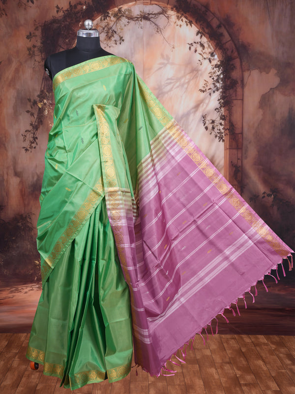 Parrot Green With Purple Semi Silk Saree