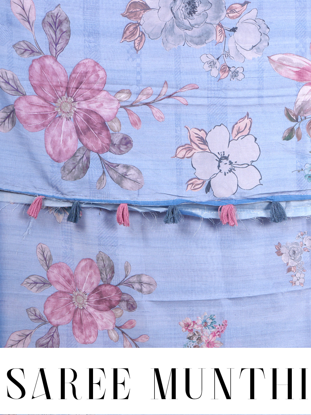 Powder Blue Floral Print with Multicolor Munthi Dola Silk Saree