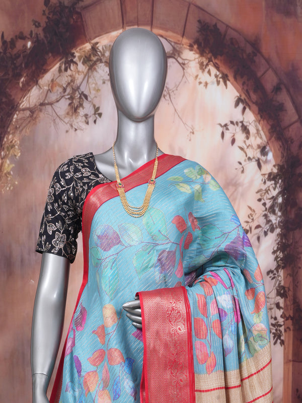 Sky Blue with Crimson Red - Semi Raw Silk Saree