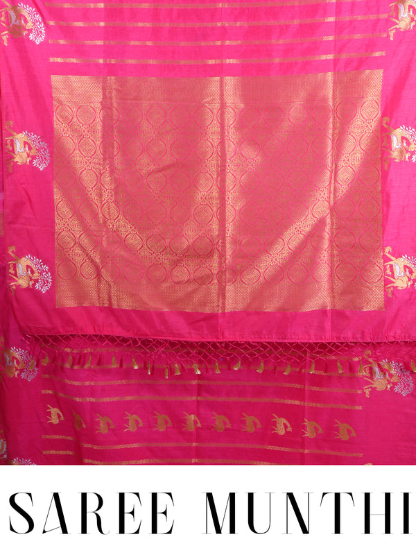Pink Red with Metallic Gold - Semi Tussar Saree