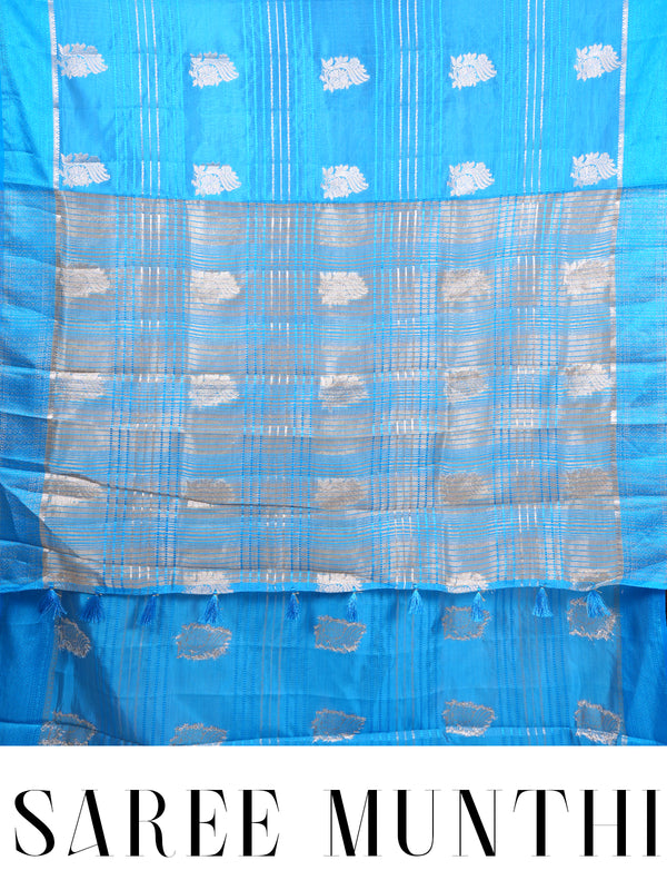 Sky Blue with Silver - Semi Tussar Saree