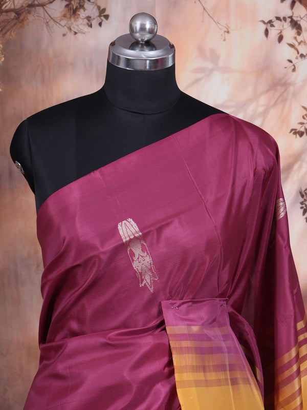 Wine Purple With Yellow Semi ilk Saree
