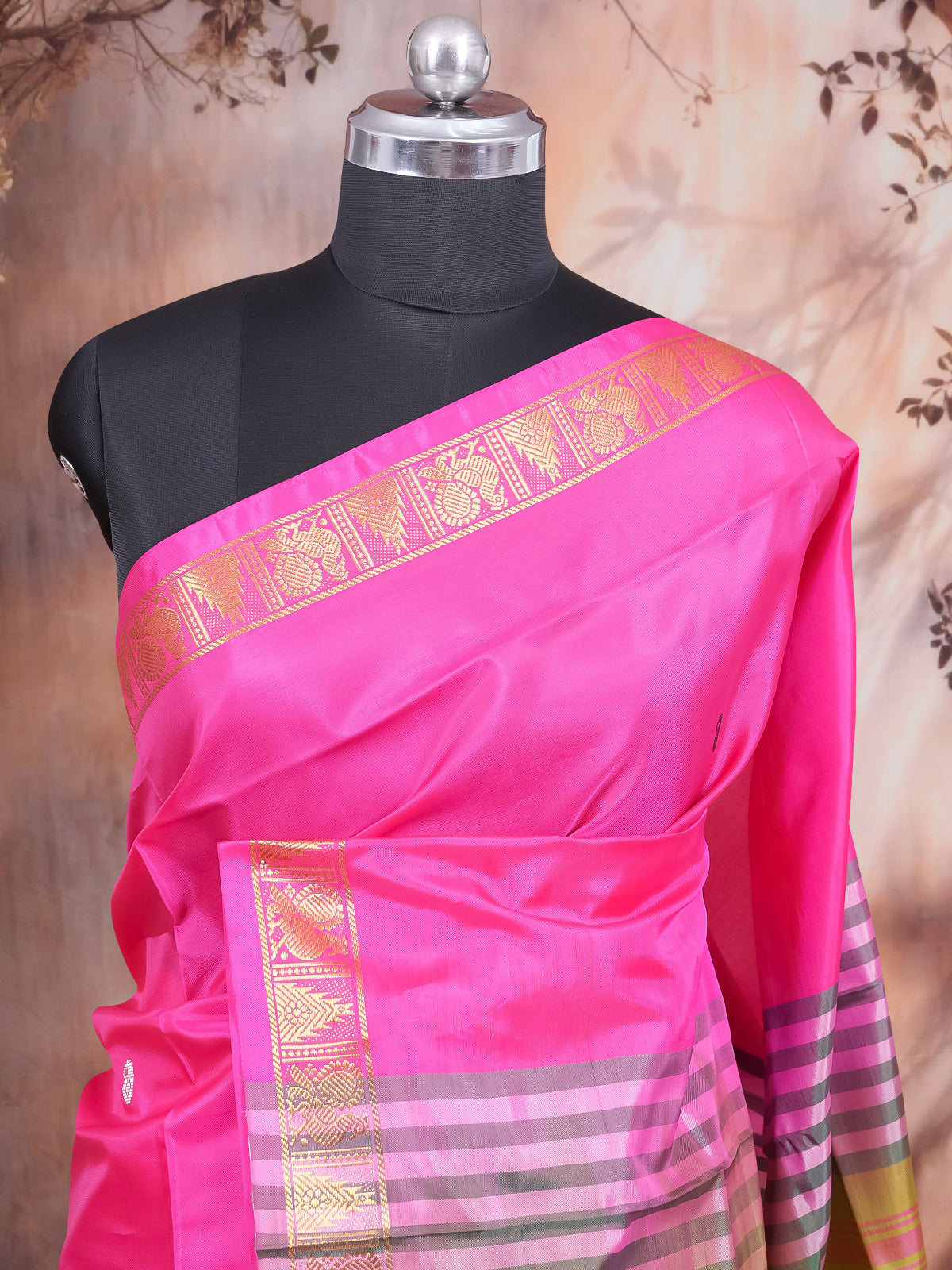 Rani Pink With Olive Green Semi Silk Saree