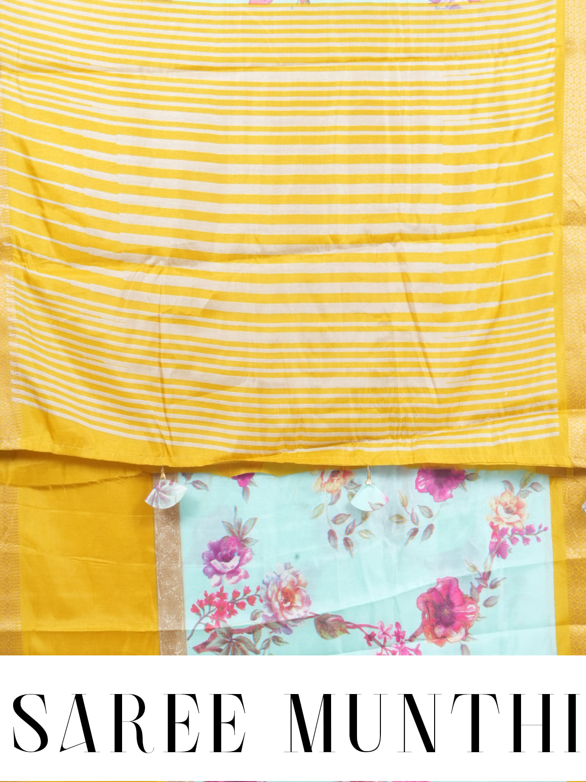 Sea Green with Yellow - Semi Raw Silk Saree