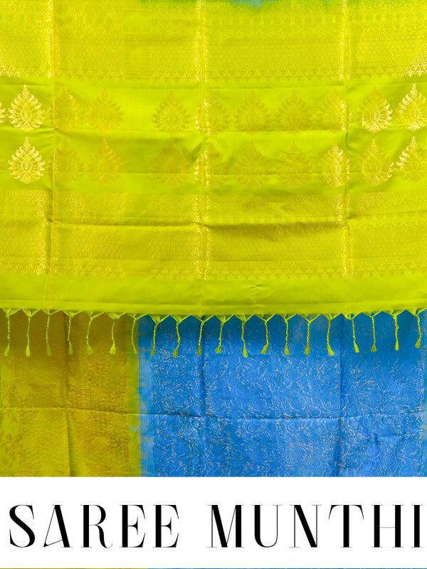Vibrant Sky Blue & Lime Green Kanchipuram Style Silk Saree
