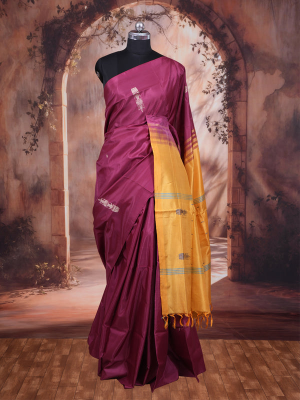 Wine Purple With Yellow Semi ilk Saree