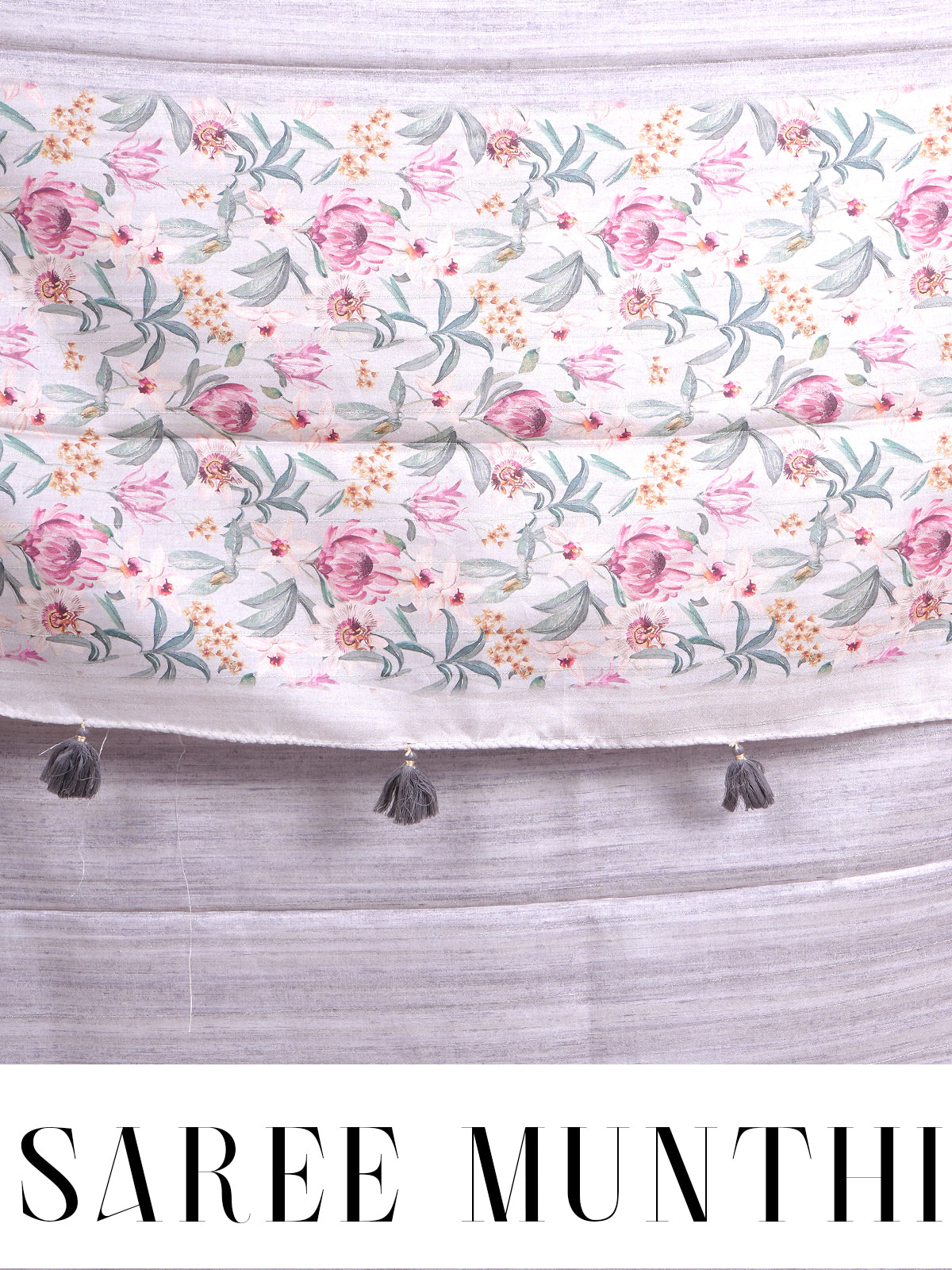 Off-White and Light Grey with Floral Printed Munthi Dola Silk Saree