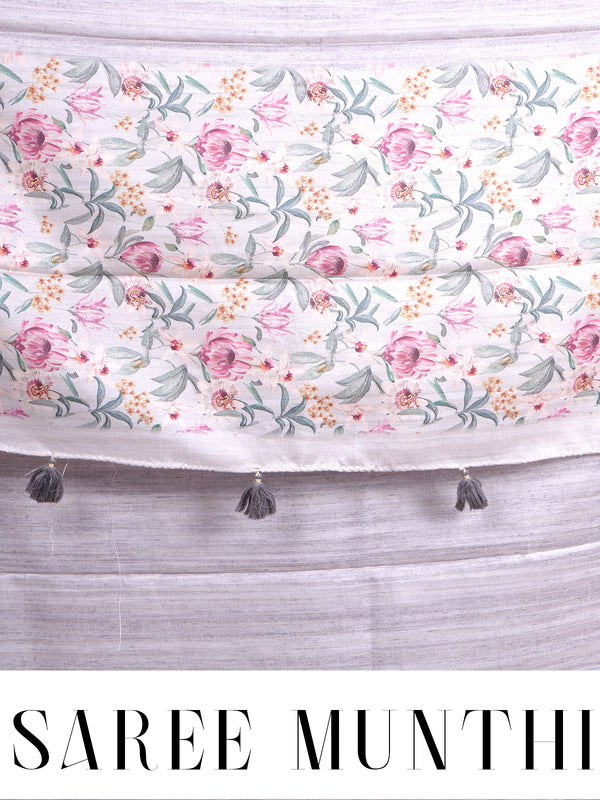 Off-White and Light Grey with Floral Printed Munthi Dola Silk Saree