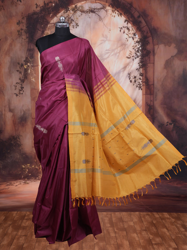 Wine Purple With Yellow Semi ilk Saree