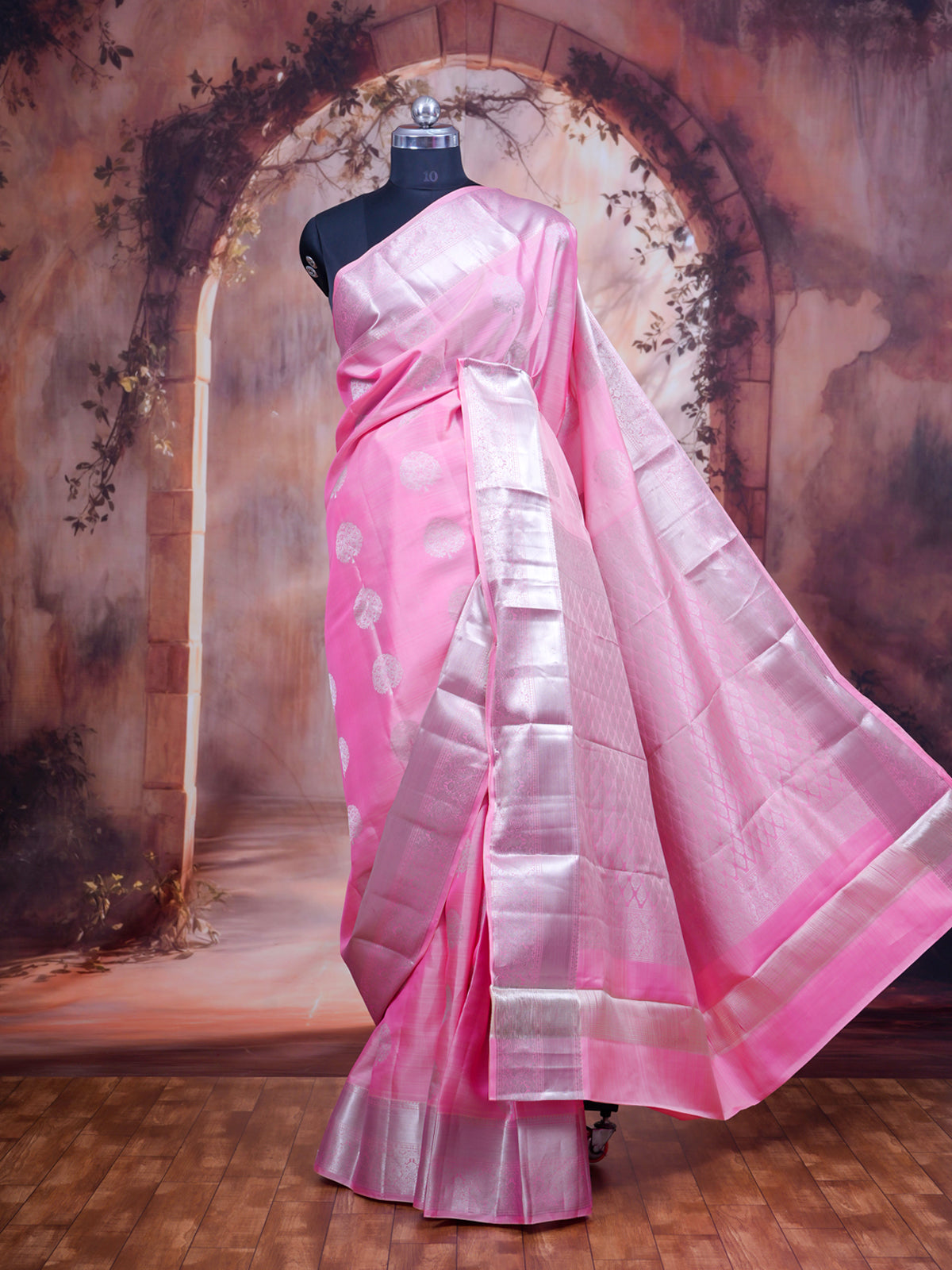 Bubblegum Pink with gray Kanjivaram Silk Saree