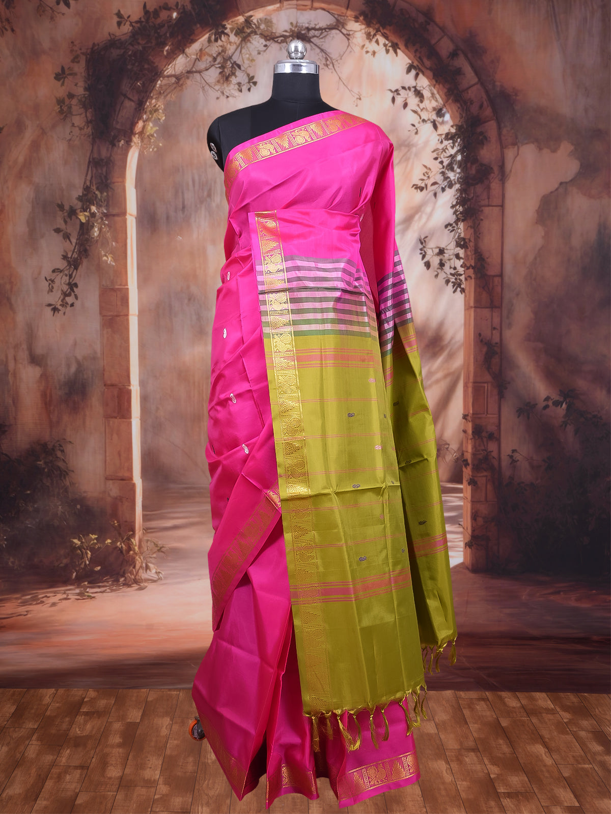 Rani Pink With Olive Green Semi Silk Saree