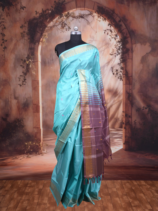 Sky Blue With Purple Semi Silk saree