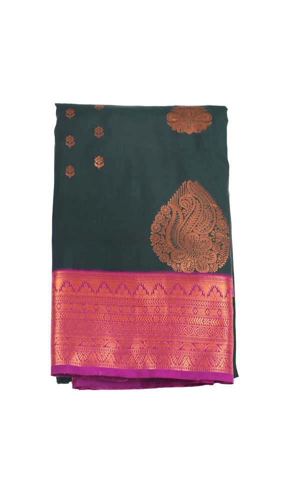 Bottle green with purple-colored fancy Pattu saree