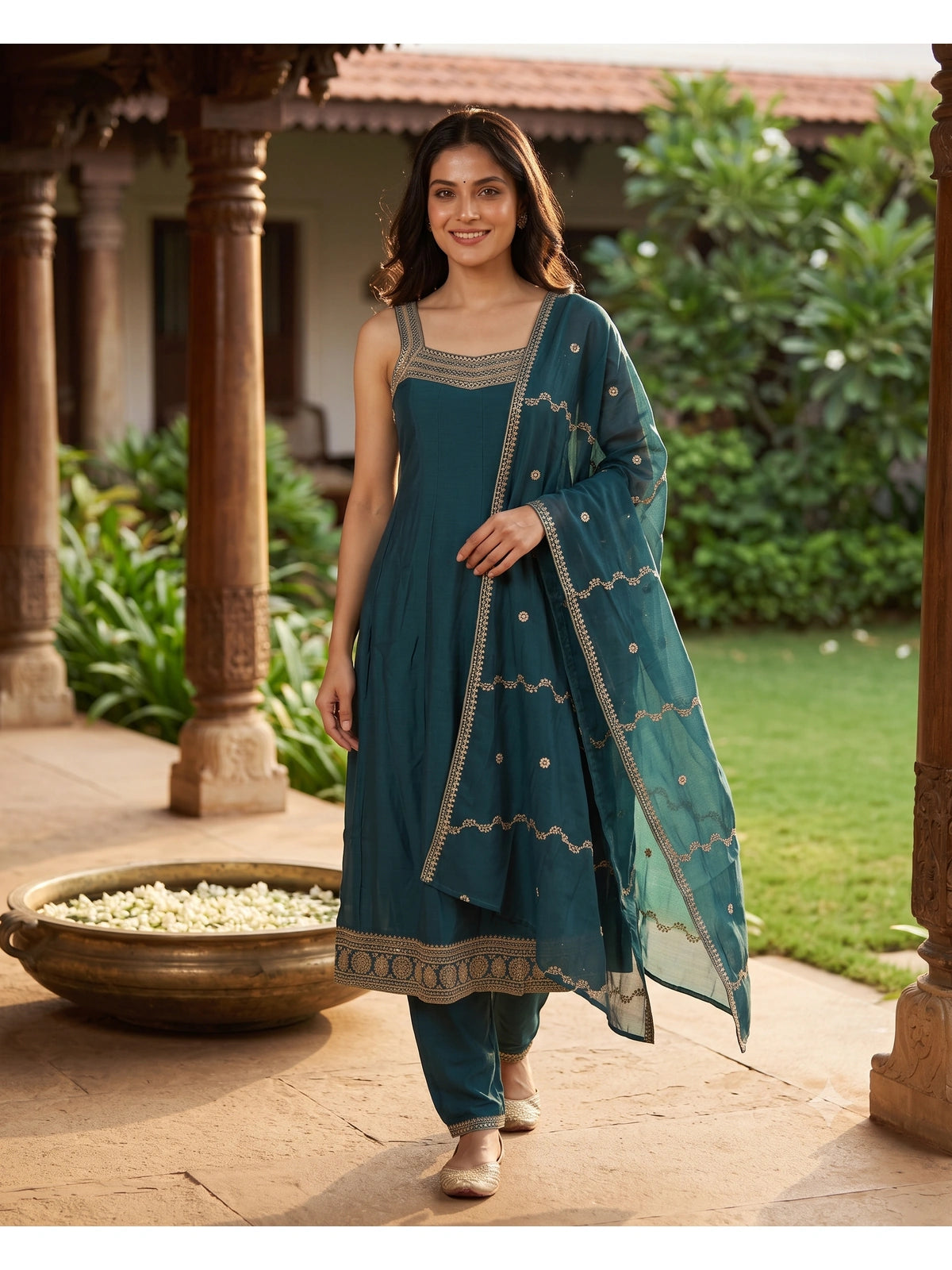 Teal Embroidered Art Silk Kurti Set with Dupatta
