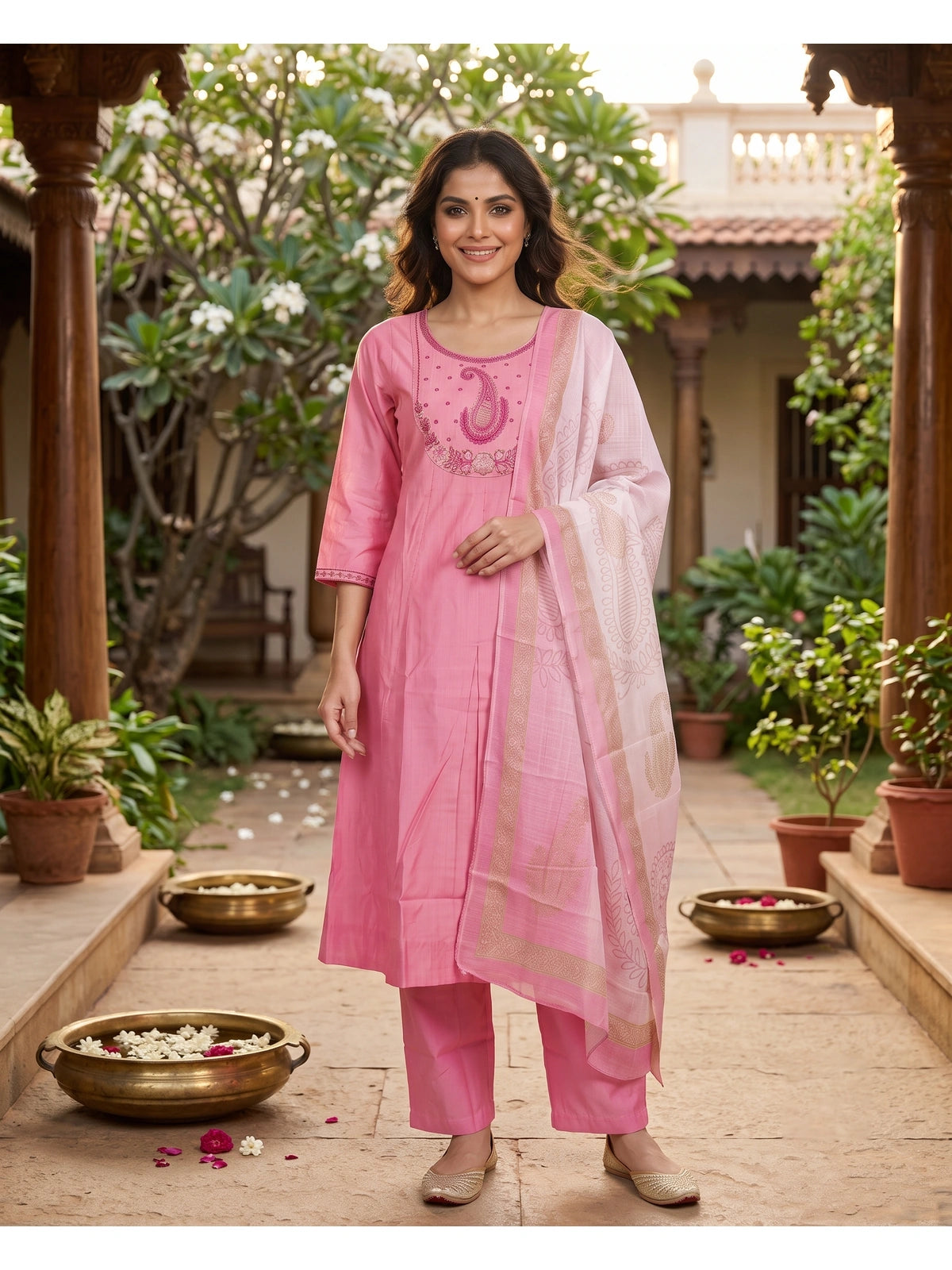 Pink Embroidered Cotton Kurti Set with Printed Dupatta