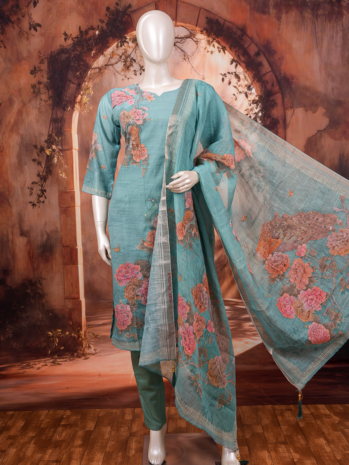 Teal blue floral and peacock printed kurti set with straight pants and matching printed dupatta