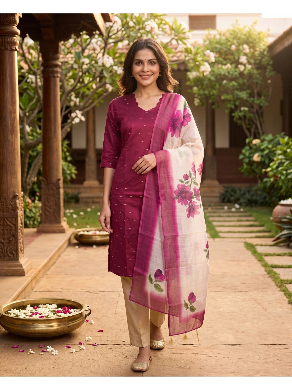 Magenta with Cream Floral Dupatta Ready Made Kurti Set