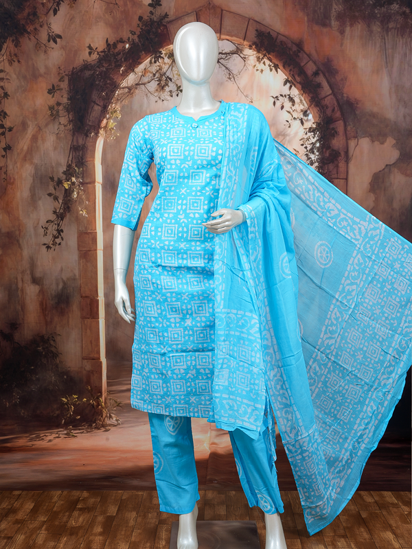 Sky blue and white batik print cotton kurti set with straight pants and tasseled dupatta