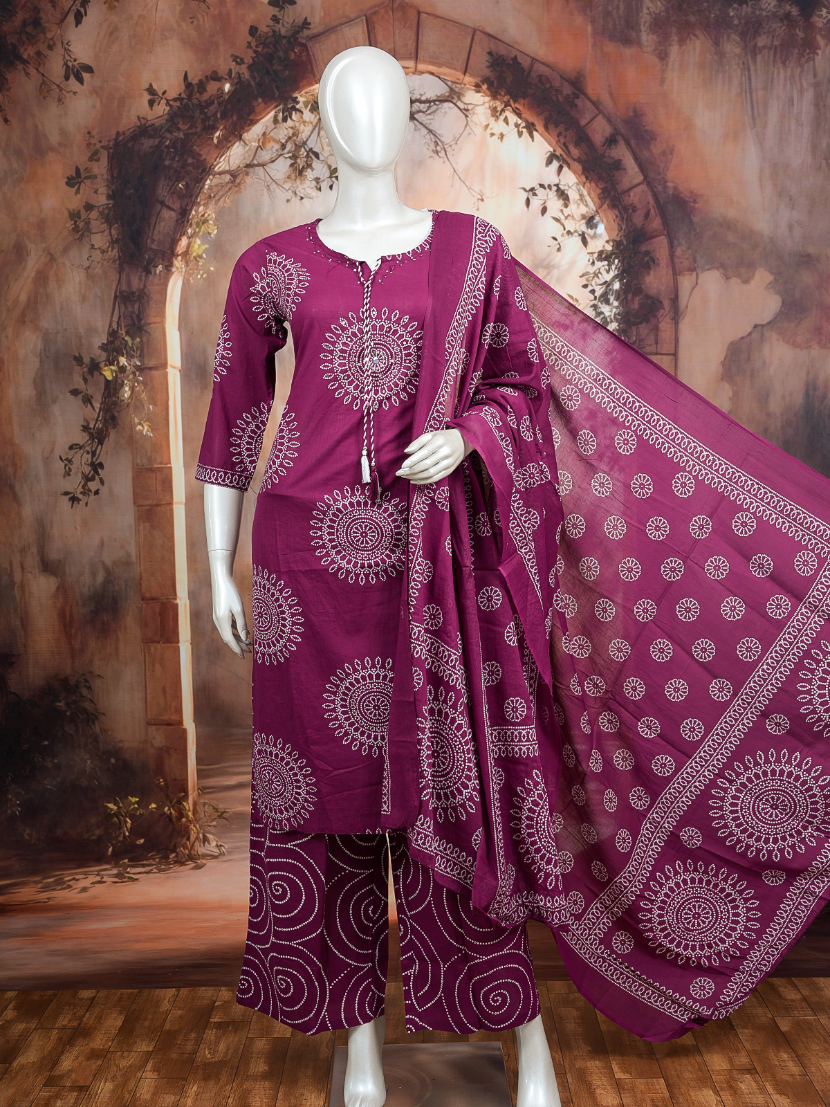 Magenta and white bandhani print cotton kurti set with straight palazzo pants and printed dupatta