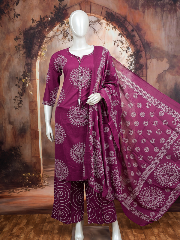 Magenta and white bandhani print cotton kurti set with straight palazzo pants and printed dupatta
