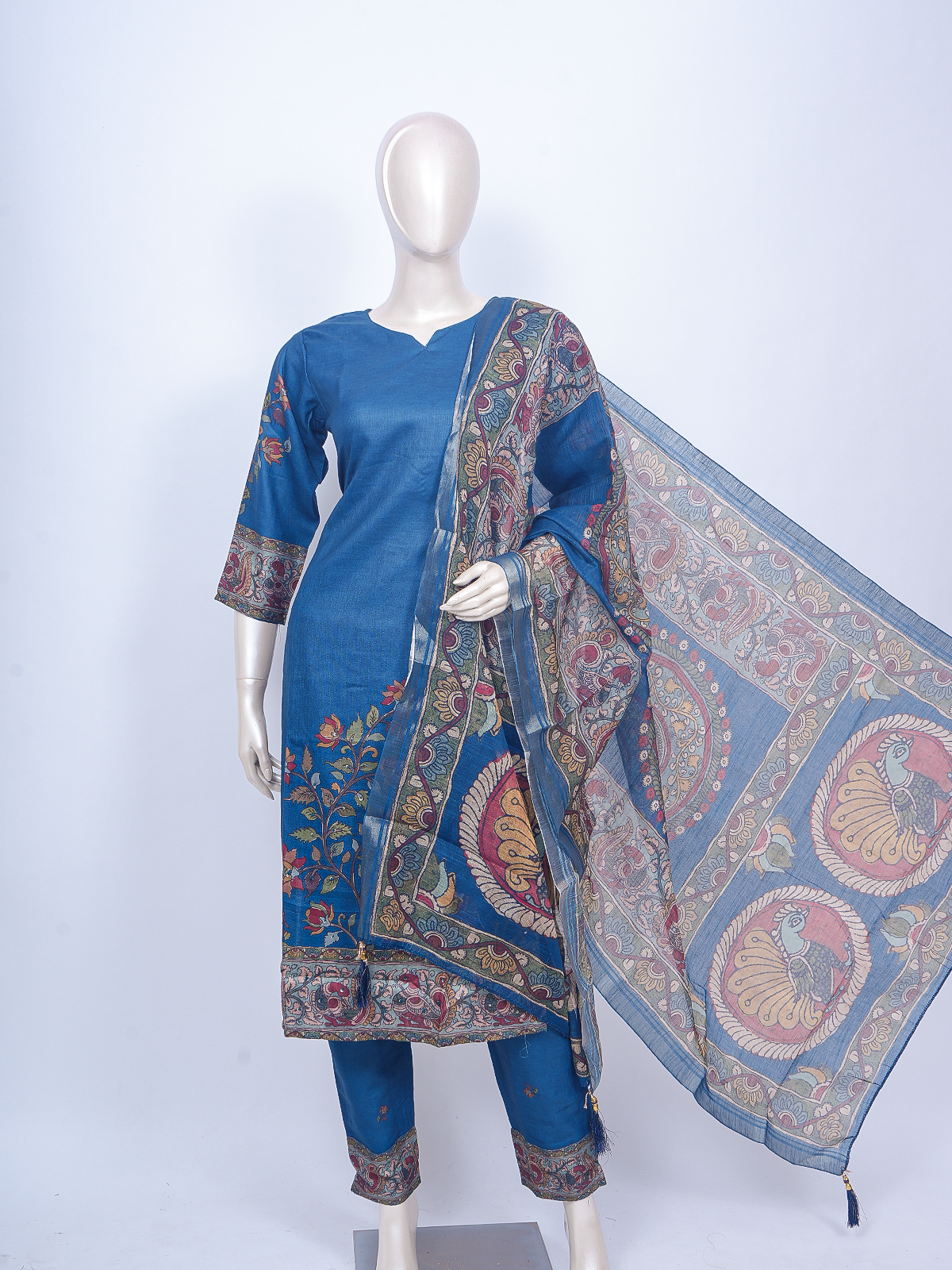 Teal Blue Kalamkari print kurti set with straight pants and multicolour peacock motif dupatta