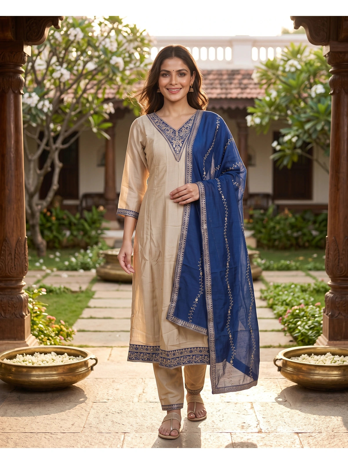 Beige straight-cut kurti set with zari embroidery and royal blue embroidered dupatta and straight pants