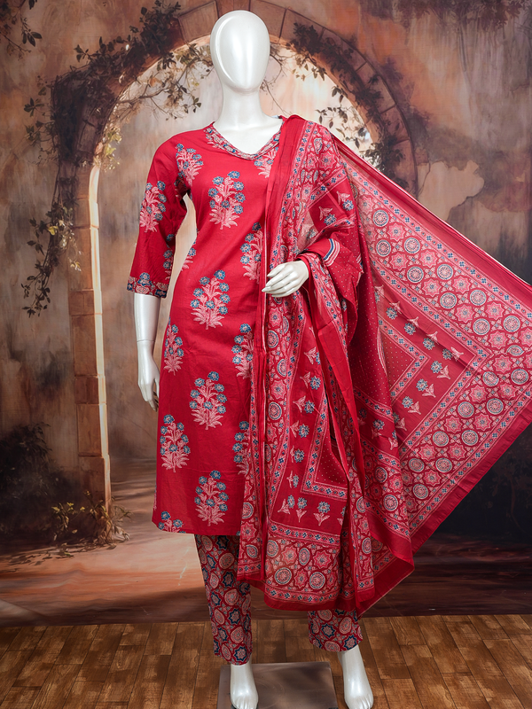 Red floral printed cotton kurti set with blue motifs, straight pants and Ajrakh-print dupatta